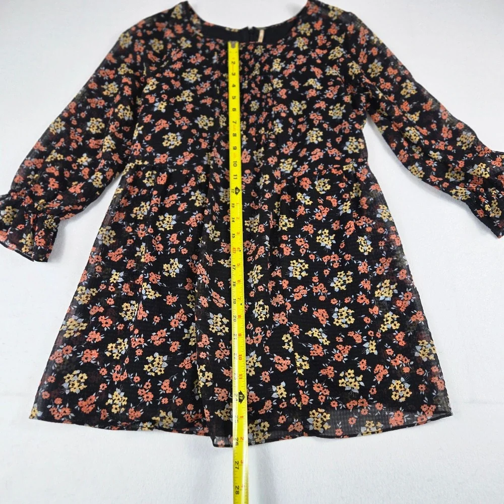 Free People Floral Mini Dress Womens S Black Good Smocked Long Sleeve Boho (D11)
